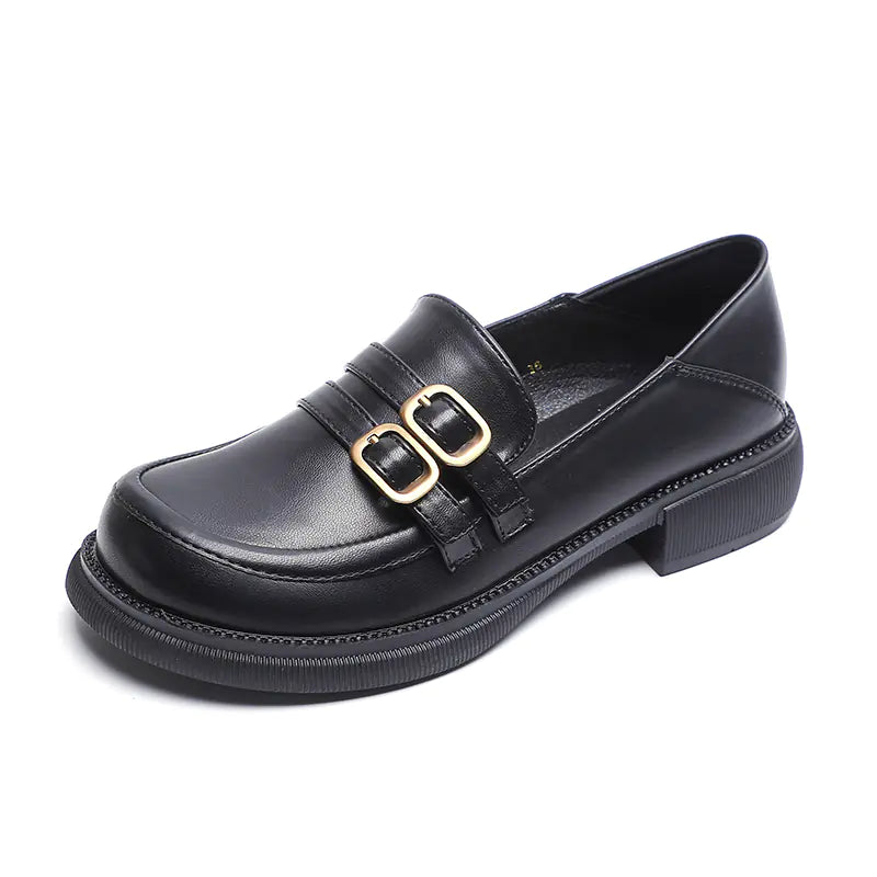Double Button Flat Leather Shoes