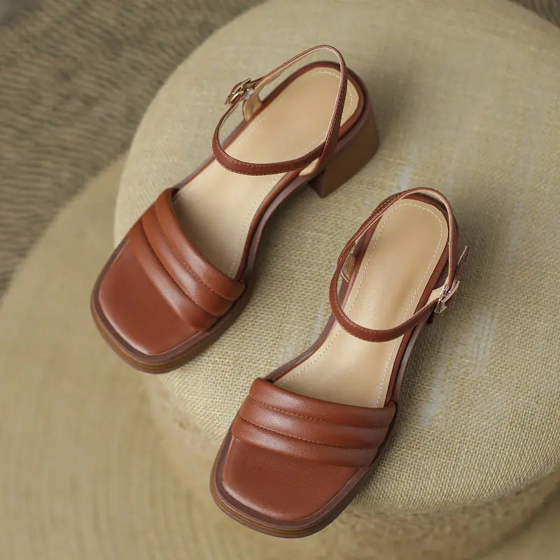 Vintage Brown Chunky Heel Sandals