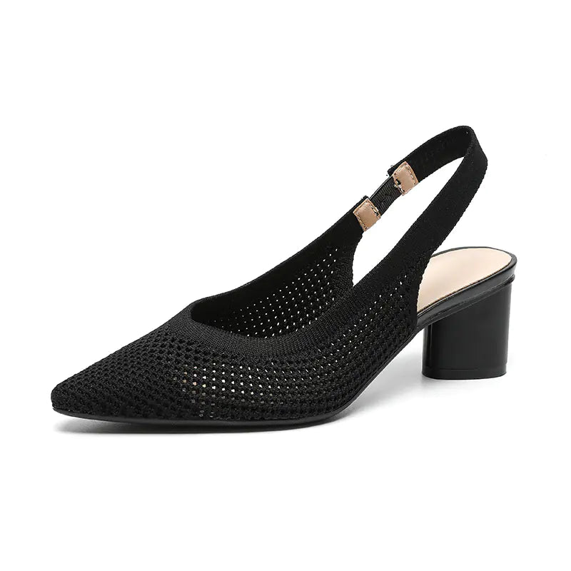 Knit Hollow Pointed-Toe Chunky Heels Sandals