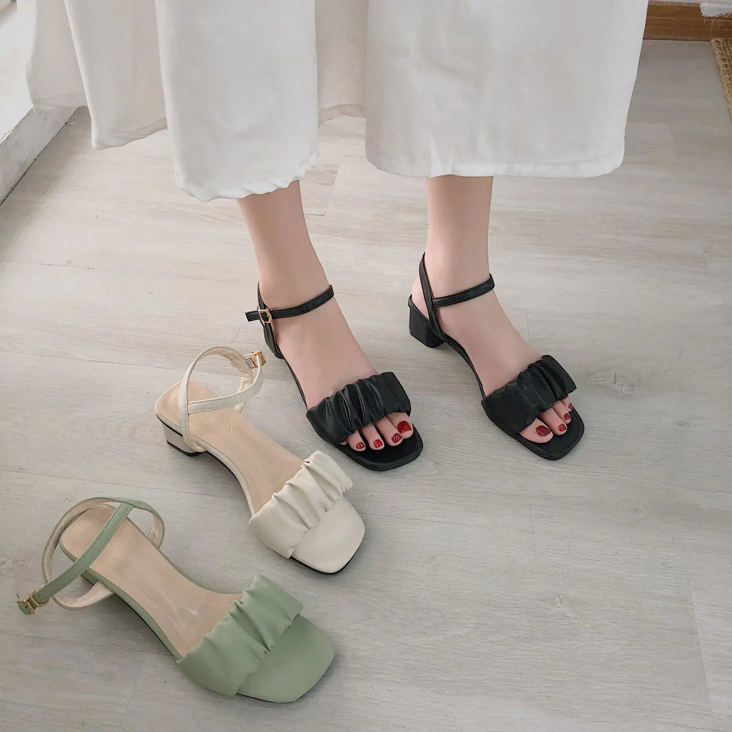 Strap Sandals for Women - Square Toe and Mid Heel