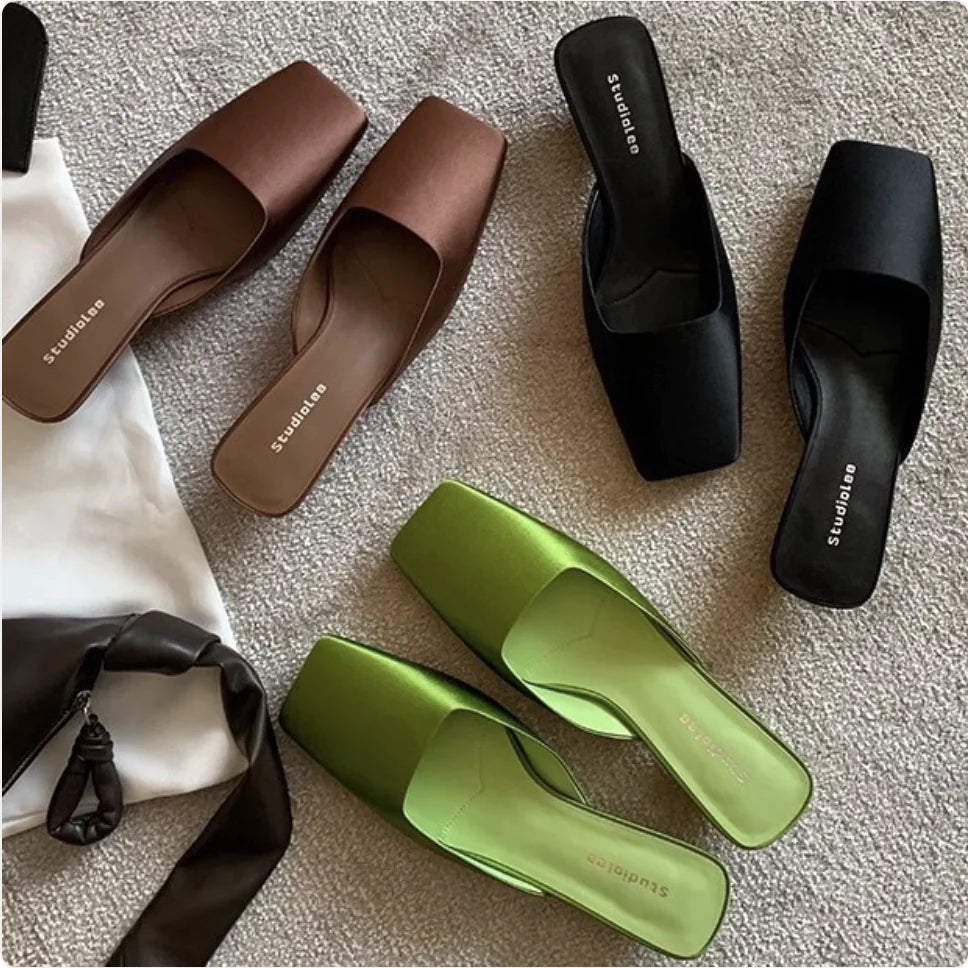 Silk Satin Square Toe Mule Sandals