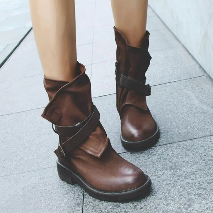 Round Toe Buckle Boots