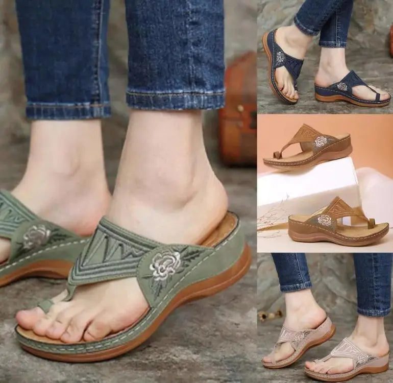 Floral Embroidery Wedge Sandals