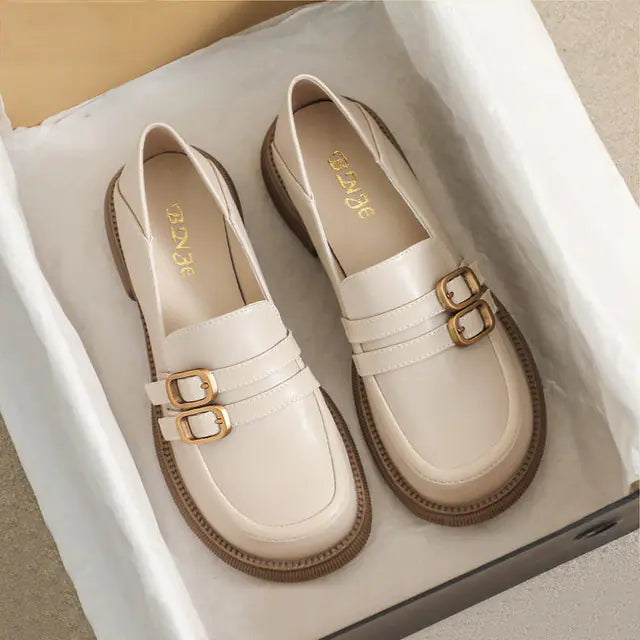 Double Button Flat Leather Shoes