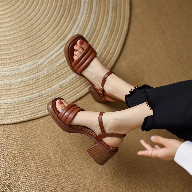 Vintage Brown Chunky Heel Sandals