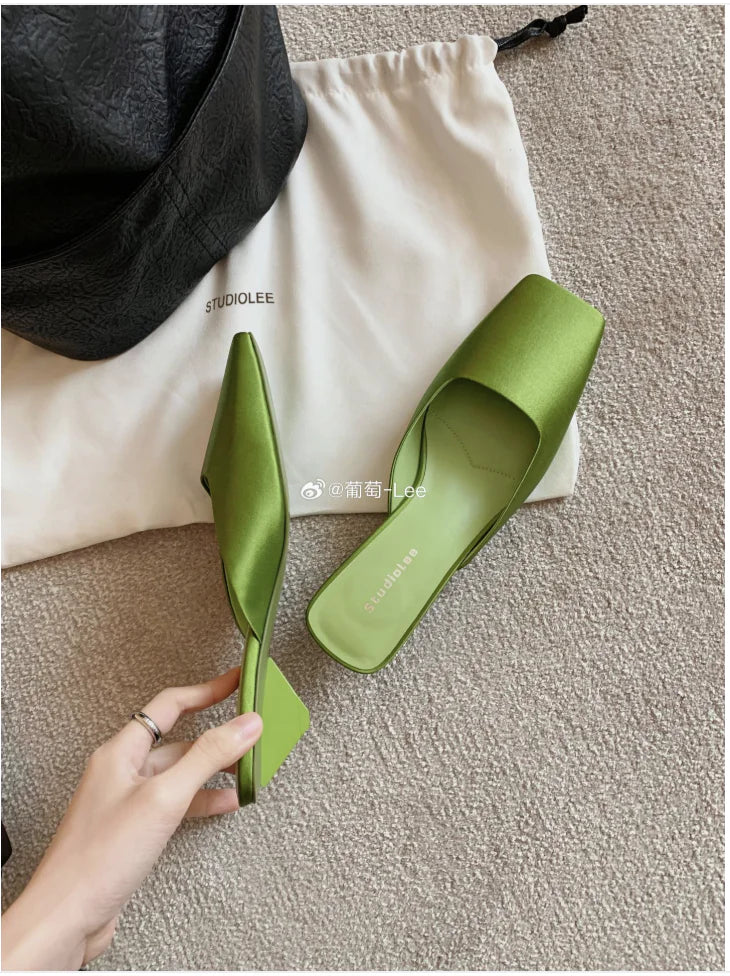 Silk Satin Square Toe Mule Sandals