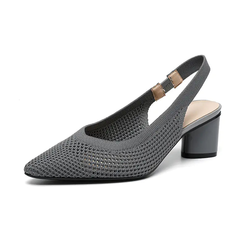 Knit Hollow Pointed-Toe Chunky Heels Sandals
