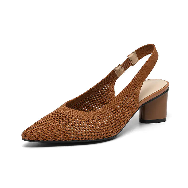 Knit Hollow Pointed-Toe Chunky Heels Sandals