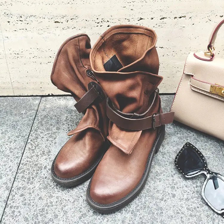 Round Toe Buckle Boots
