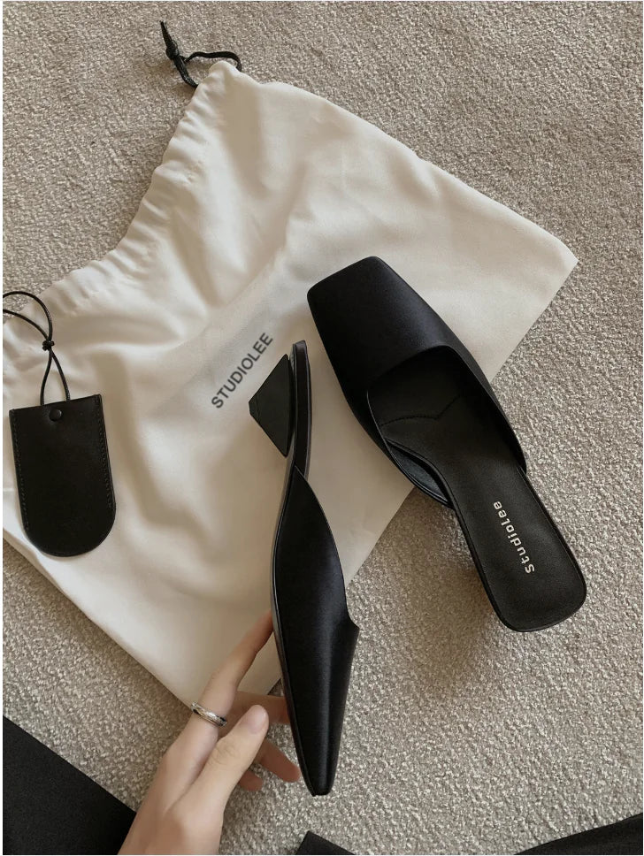 Silk Satin Square Toe Mule Sandals