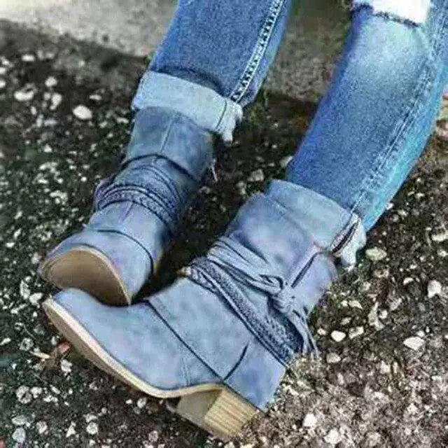 Zipper Tassel Braid Thick Heel