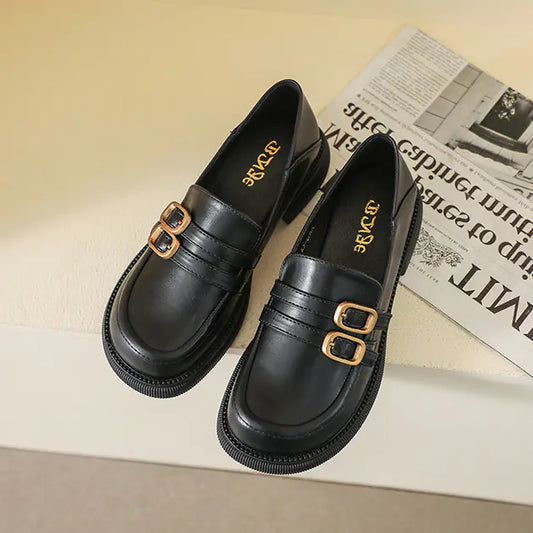 Double Button Flat Leather Shoes