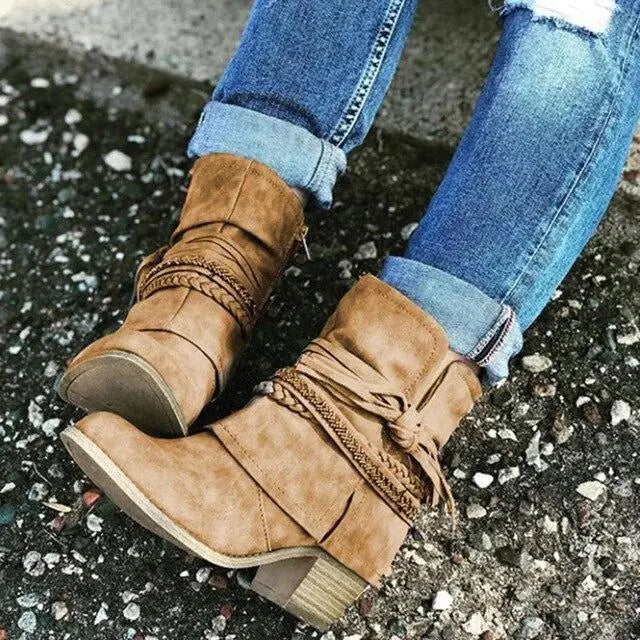 Zipper Tassel Braid Thick Heel