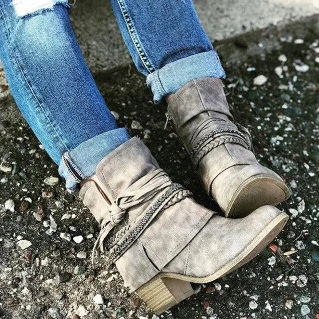 Zipper Tassel Braid Thick Heel