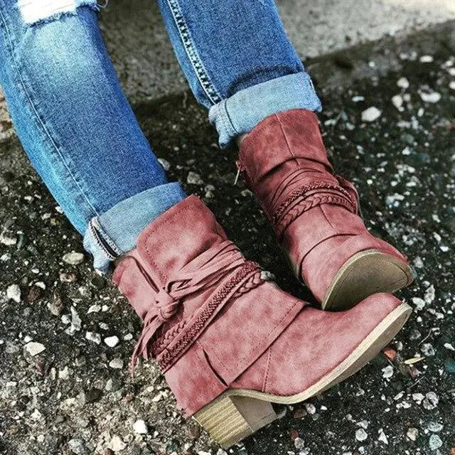 Zipper Tassel Braid Thick Heel